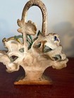 Antique Hubley Cast Iron Decorative Flower Basket Doorstop 8  H