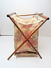 Vtg Sewing Caddy Basket Yarn Bag Tote Folding Wood Frame Bakelite Handle  p10
