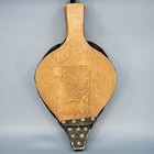 Vintage Antique Fireplace Bellows Wood Brass Leather Tack Hand Carved Shield 