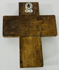 Vintage Milagros Folk Art Brown Cross Gold Charms Wood Handmade Signed Artist