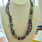 Artisan Green Ceramic Red Glass Multi Strand Necklace Earrings Set Boho