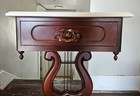 Antique Mahogany   Solid White Marble End Table W harp Base