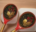 Russian Vintage Folk Art Set Of 2 Khokhloma Hohloma Hand Painted Wood Spoons