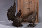 Japanese Bronze Pair Of Parent child Roosters Statue Chicken Art Sculputure
