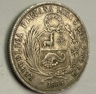 Peru          1 2 Sol 1865 Vf  900 Fine Silver World Coin