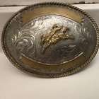 Pattie Oval Western Belt Buckle Silver gold Rope Edge Horse Rider Floral R603