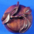 Antique Chinese Hand-carved Red Hardwood Round Trinket Box W  Leaves On Top