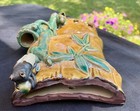 Hanging Wall Pocket Planter Majolica Signed Asian Cicada   Bamboo  10 x8 