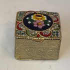 Small Vtg Italian Gold Tone Floral Micro Mosaic Pill   Trinket Box Italy Antique