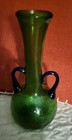 Vtg Hand Blown Art Glass Green Bud Vase W  Applied Cobalt Blue Handles 7 5 