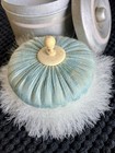 Vintage Art Deco 1920s White Swans Down Satin 3  Powder Puff In Metal  Tin