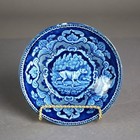 Two Antique Flow Blue Pottery Small Bowls With Dog   Birds  19thc