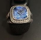 David Yurman 925 Sterling 14mm Blue Topaz   Diamond Ring Sz 7