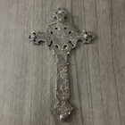 Vintage Ornate Cast Metal Wall Cross Gold Bronze Distressed Scroll Floral 10in
