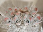 Mcm 8 Frosted Libbey Pink white Foliage Tumblers glasses W  Metal Carrier