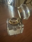 Antique Heavy Clear Glass Square Inkwell With Hinged Lid In Brass
