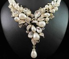 Floral Pearl Austrian Rhinestone Necklace Earrings Set Bridal Prom N1873g Gold