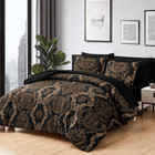 Black Comforter Set King Size  Gold Damask Texture 7 Pieces Bed In A Bag Microfi