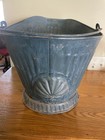Antique Painted Blue Coal Ash Scuttle Bucket With Swinging Handle Ribbed Metal