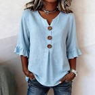 Summer Ruffled-sleeve Top Loose Casual V-neck Buttons Short-sleeved Shirts Women