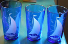 Vtg Set 9 Hazel Atlas Ships Blue white Depression Glasses Tumblers   Roly Poly