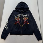 Ed Hardy    tiger Flame    Sunfaded Navy Boxy Zip Up Hoodie