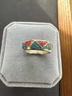 Navajo Turquoise   Coral Chip Inlay Silver Band Ring   Size 5