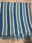 Hand Crocheted Blanket Handmade Throw Afghan Knit Texture Fringe Blue Stripe