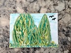 Aceo Original Mixed Media Painting Art Card Back Yard Bushes