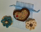 Handmade Vintage Lot Hand Sewn Patch   Beaded Heart Pin  2 Crochet Button Pins
