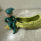 Vintage Gilner California Ceramic Pixie Elf Sitting On Log Planter Hand Painted