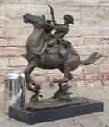 Signed Remington Cowboy Charges Bronze Sculpture Statue Marble Base Art Figurine