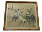 Vintage Asian Art Original Painted On Silk A Blue Bird Landings Signed Stamped
