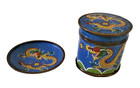 Vtg Chinese Copper Cloisonne Enamel Dragon Tea Caddy   Matching Dish