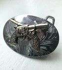 Vintage Etched Silver Tone Belt Buckle With Crossed Guns   Western Pistols