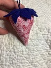 Strawberry Emery   Pincushion  Allover Pink Roses W  Navy Blue Felt    cap   