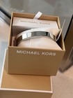 Michael Kors Silver Tone Stainless Steel Pav   Crystal Logo Hinged Bangle
