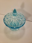 Vtg Anchor Hocking Fairfield Light Blue Lidded Candy Jar Colored Glass Footed