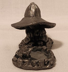 Vintage Ricker Pewter Figurine Signed Person Sitting By The Pond W  A Frog