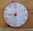 7 Vintage Crochet Doily Pot Holder Red Trim Clock Dress Panties Blue Cottagecore