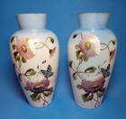Pair Of Antique Bristol Milk Glass Hand Painted Vases Butterflies   Flowers