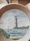 Antique Toleware Tole Painted Nautical Scene Lighthouse On Pie Tin 19th Century