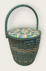 Super Cute Vintage 1960s Blue Floral Print Round Woven Wicker Sewing Basket