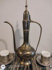 Vintage Turkish Coffee Set Brass Dallah Pitcher 6 Cups Saucers Slighty Chipped