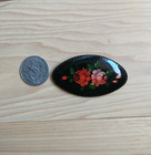 Vintage Flower Oval Black Signed Soviet Ussr Russian Lacquer Metal Brooch Pin
