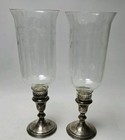 Vintage Schweitzer Sterling Silver Hurricane Candle Holders Pair Etched Glass