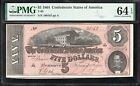 T-69 1864  5 Confederate Currency Pmg 64 Epq Civil War Note  100162