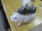 White Washed Resin Pig W roosters Sitting On Pig Figurine  9 5  X 8  To Cute 