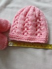 New Hand Knitted Baby Hat And Bootees Set Size Premature dolls Pink Lacy Pattern