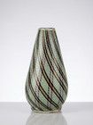 Elegant Art Glass Vase - Striated Pattern In Green  Gold    Dark Brown - Vintage